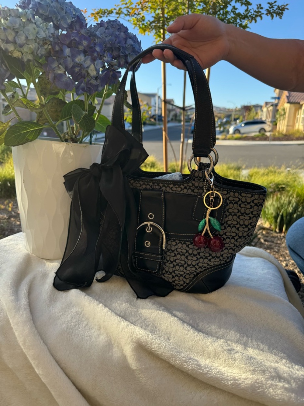 Coach Black Signature Logo Tote with Cherry Charm
